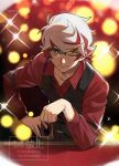  1boy black_pants black_vest blurry blurry_background card colored_tips dress_shirt elbow_on_table facing_viewer green-framed_eyewear grey_eyes hand_on_own_hip highres holding holding_card homura_takeru indoors leaning_forward light_particles looking_at_viewer lunapont male_focus multicolored_hair one_eye_closed over-rim_eyewear pants parted_hair partially_unbuttoned poker_table pool_table red_background red_shirt semi-rimless_eyewear shirt smile sparkle sparkle_background table vest vignetting waistcoat watermark white_hair yu-gi-oh! yu-gi-oh!_vrains 