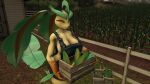 16:9 3d_(artwork) anthro big_breasts breasts cleavage clothed clothing container deskai digital_media_(artwork) eyes_closed farm farmer female freckles garden hi_res holding_object hybrid_pokemon nintendo outside overalls overalls_only plant pokemon pokemon_(species) pokemorph smile solo source_filmmaker_(artwork) widescreen