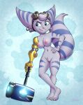  anthro cybernetic_arm cybernetic_limb dazzlekong ear_piercing ear_ring eyewear female fluffy fluffy_tail goggles goggles_on_head hammer hi_res lombax mammal nude piercing pinup pinup_pose pose pubes ratchet_and_clank ratchet_and_clank:_rift_apart rivet_(ratchet_and_clank) robotic_arm solo sony_corporation sony_interactive_entertainment tools video_games 