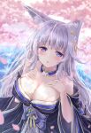  1girl animal_ears azur_lane bangs bare_shoulders blue_eyes blurry breasts choker cleavage collarbone commentary_request depth_of_field eyebrows_visible_through_hair fox_ears from_above hair_ornament highres large_breasts long_hair looking_at_viewer looking_up off-shoulder_kimono off_shoulder oyoyoyo parted_lips petals shinano_(azur_lane) sidelocks silver_hair solo wide_sleeves 