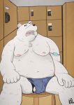  2021 anthro balls barely_visible_balls barely_visible_genitalia black_nose bulge chair clothing eyes_closed fur furniture genitals hi_res inside kemono locker_room male mammal moobs nipples overweight overweight_anthro overweight_male pol6473 polar_bear sitting solo underwear ursid ursine white_body white_fur 