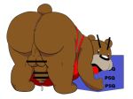  2012 apron balls black_nose bodily_fluids brown_body brown_fur butt clothing fur genital_fluids genitals kemono low_res male mammal overweight overweight_male penis precum unknown_artist ursid 