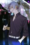  1boy belt black_shirt blurry blurry_background cigarette collared_shirt cowboy_shot ear_piercing earrings fuwa_minato grey_hair hand_in_pocket highres holding holding_umbrella jewelry long_sleeves mouth_hold multicolored_hair nijisanji piercing shirt short_hair solo streaked_hair toinana transparent transparent_umbrella umbrella white_belt 
