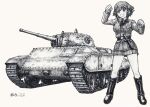  1girl anzio_(emblem) anzio_military_uniform bangs belt boots braid carro_armato_m16/43 clenched_hands commentary dress_shirt emblem eyebrows_visible_through_hair girls_und_panzer greyscale grin ground_vehicle highres jacket knife long_sleeves looking_to_the_side military military_uniform military_vehicle miniskirt monochrome motor_vehicle nspa_(spa-jcs) pepperoni_(girls_und_panzer) shirt short_hair side_braid skirt smile solo standing tank traditional_media twitter_username uniform wing_collar 