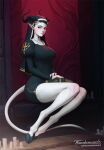  1girl bare_legs black_eyes black_hair book book_on_lap breasts candle commentary cross cross_necklace demon_girl demon_horns english_commentary full_body habit highres hooves horns jewelry juliet_sleeves large_breasts light_smile long_sleeves looking_at_viewer necklace nun original pale_skin pinup_(style) pointy_ears puffy_sleeves skin-covered_horns solo tail tarakanovich 