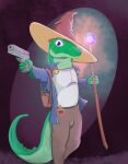  absurd_res anthro backpack clothing crocodile crocodilian crocodylid glock green_body gun handgun hat headgear headwear hi_res magic_user male pistol purple_eyes ranged_weapon reptile scalie solo solo_focus staff stri weapon wizard_hat 