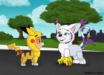  clothing cosplay_pikachu_(costume) costume digimon digimon_(species) duo everest_(paw_patrol) female female/female feral gatomon kerocat nintendo paw_patrol pikachu pok&eacute;mon pok&eacute;mon_(species) skye_(paw_patrol) video_games 