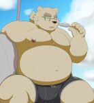  2021 anthro aosano_tenpura belly bulge clothing eyewear glasses hi_res kemono leib_(tas) male mammal moobs navel nipples overweight overweight_anthro overweight_male polar_bear sitting solo swimwear tokyo_afterschool_summoners ursid ursine video_games 