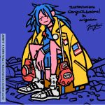  2016 blue_background blue_hair congratulations illustration.media jacket jenny_kaori lightning_bolt_symbol long_hair long_sleeves looking_at_viewer no_nose original shoes signature sitting watermark web_address white_footwear yellow_jacket 