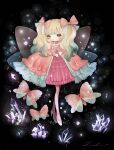  1girl bangs black_background blonde_hair blush bow bug butterfly crystal dress full_body gradient_hair green_eyes green_hair highres insect lalala222 long_sleeves looking_at_viewer multicolored_hair no_nose original pink_bow pink_butterfly pink_dress shoes solo white_footwear 