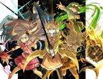  5girls bandage_over_one_eye blonde_hair blue_hair fighting_stance gauntlets green_hair hair_ornament heart heart_hair_ornament kan_(aaaaari35) king_of_greed knight_of_despair library_of_ruina magical_girl multiple_girls pink_hair queen_of_hatred servant_of_wrath sword tiphereth_a_(lobotomy_corporation) wand weapon wonderlab 