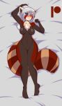  ailurid anthro bed blush breasts clitoris dakimakura_pose exposed female fluffy_chest fur furniture genitals hair hi_res looking_at_viewer mammal mastergodai nava_(hunterx90) nipples nude red_body red_fur red_panda solo striped_body striped_fur stripes white_hair 