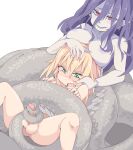  2girls areolae blonde_hair blush breast_rest breasts breasts_on_head censored femdom futa_with_female futanari futasub green_eyes highres lamia large_breasts ls-lrtha monster_girl mosaic_censoring multiple_girls nipples nude open_mouth original penis pointy_ears purple_hair red_eyes restrained spread_legs tailjob testicles 