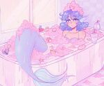  1990s_(style) 1girl bathing bathroom bathtub blue_eyes blue_hair bra breasts dreamysuite fins foam head_fins highres imaizumi_kagerou jewelry medium_breasts mermaid monster_girl necklace pearl_necklace retro_artstyle rubber_duck sekibanki shell shell_bikini soap soap_bubbles tail_fin touhou underwear wakasagihime 