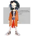  1girl 2016 black_hair blue_shorts choker forehead illustration.media jacket long_sleeves matsuo_mono medium_hair no_nose original print_shirt shirt shoes shorts signature socks solo white_footwear white_shirt yellow_jacket 