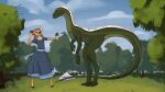  16:9 2021 5_fingers anthro breasts cervid clothed clothing day detailed_background digital_media_(artwork) dinosaur duo female feretta fingers grass hi_res hooves mammal outside plant reptile scalie sky smile tree widescreen 