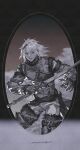  1boy absurdres boots cloud commentary fur_trim gloves gradient gradient_background greyscale hair_between_eyes hair_ornament highres holding holding_sword holding_weapon lips looking_at_viewer medium_hair monochrome nier nier_(series) nier_(young) signature sword thigh_boots thighhighs v8 weapon white_hair 