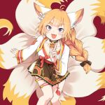  1girl ahoge animal_ears braid braided_ponytail breasts cleavage eight-tailed_fox_nari feet_out_of_frame flat_chest fox_ears fox_girl fox_tail guardian_tales highres jewelry korean_clothes looking_at_viewer mipoog multiple_tails necklace orange_hair purple_eyes red_background solo tail 
