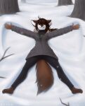 animated anthro barefoot biped black_hair bloominglynx brown_body brown_eyes brown_fur canid canine canis clothed clothing erika_marke_(nifo-190) fangs feet female fox fur grey_fox hair mammal multicolored_body multicolored_fur open_mouth pawpads paws short_playtime smile snow snow_angel snowing solo two_tone_body two_tone_fur urocyon white_body white_fur winter winter_coat 