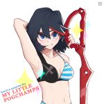  1girl absurdres armpits bangs bikini bikini_top black_hair blue_eyes blush breasts hair_between_eyes highres kill_la_kill living_clothes looking_at_viewer matoi_ryuuko my_little_pogchamp_(meme) navel nicosarea open_mouth red_eyes red_hair school_uniform scissor_blade self_upload senketsu shiny simple_background solo standing swimsuit white_background 