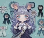  1girl animal_ears award_ribbon bangs black_dress black_ribbon blunt_bangs dress eyes grey_eyes grey_hair hair_ribbon highres lalala222 long_hair long_sleeves looking_at_viewer mouse_ears mouse_girl original ribbon sash shadow signature solo upper_body 