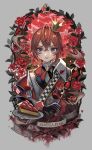  1boy black_gloves blush crown flower food fruit gloves grey_eyes hair_between_eyes holding lalala222 leaf long_sleeves looking_at_viewer plate red_flower red_hair red_rose riddle_rosehearts rose short_hair smile solo strawberry thorns twisted_wonderland upper_body 