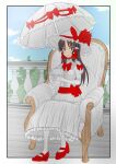  1girl absurdres bow chair corruption crossed_legs cup dress gloves hakurei_reimu hat hat_bow hat_ribbon high_heels highres long_skirt mary_janes medium_hair parasol red_bow red_footwear reimu_scarlet ribbon scarlet_devil_mansion scarletreddevil shoes sitting skirt teacup thighhighs touhou umbrella vampire waist_bow white_background white_dress white_gloves white_headwear white_legwear white_skirt 