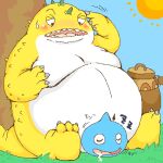  1:1 2005 anthro blue_body blush bodily_fluids cum cum_on_face digital_media_(artwork) dragon dragon_quest duo genital_fluids goo_creature jargon kemono low_res male moobs oekaki overweight overweight_male sitting sleeping slime_(dragon_quest) square_enix sun unknown_artist video_games white_body yellow_body 