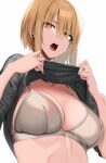  1girl bangs blonde_hair bra breasts cleavage clothes_lift eyebrows_visible_through_hair grey_bra grey_sweater hair_between_eyes highres koko_shiguma large_breasts open_mouth original ribbed_sweater short_hair sweat sweater sweater_lift underwear white_background yellow_eyes 