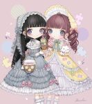 2girls bangs black_hair blunt_bangs blush bonnet bow bright_pupils brown_hair dress drill_hair feet_out_of_frame flower food frilled_dress frilled_legwear frills grey_dress grey_eyes heart ice_cream lalala222 long_hair long_sleeves looking_at_viewer multiple_girls no_nose original pink_bow puzzle_piece ringlets signature smile socks white_flower white_legwear white_pupils yellow_dress 