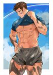  1boy abs bara blue_shirt border brown_hair cloud cowboy_shot dirty grey_shorts hand_on_hip highres large_pectorals lifted_by_self male_focus muscular muscular_male navel nipples original pectorals rainbow shirt shirt_lift short_hair short_sleeves shorts solo stomach t-shirt thick_thighs thighs tofu_(tofulabo) white_border 