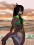  2021 5_fingers anthro beach biped black_hair bottomless breasts brown_body butt clothed clothing cloud digital_media_(artwork) female fingers fish green_clothing hair hi_res holding_clothing holding_object holding_swimwear holding_tail humanoid_hands ioan_kian marine multi_ear non-mammal_breasts outside rear_view sea seaside shark sky solo swimwear translucent translucent_clothing water wet white_body 