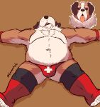  2021 absurd_res anthro brown_background brown_body brown_fur bulge canid canine canis clothing domestic_dog eeveecholo fur hi_res lying male mammal molosser mountain_dog overweight overweight_anthro overweight_male saint_bernard simple_background solo underwear white_body white_fur 