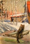  19th_century ambiguous_gender ancient_furry_art birch_tree black_body black_fur brown_body brown_fur building canid canine canis cyrillic_text day detailed_background feral fishing fur ice mammal multicolored_body multicolored_fur outside plant quadruped rear_view roof shadow signature sitting snow solo text traditional_media_(artwork) tree two_tone_body two_tone_fur wall_(structure) winter wolf wood_wall yelena_polenova 