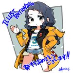  1girl 2016 black_hair blue_shorts brown_eyes cowboy_shot cropped_legs dated hand_in_pocket hand_up illustration.media jacket lightning_bolt_symbol long_hair long_sleeves no_nose original print_shirt shirt shorts solo yellow_jacket yuui_thiigo 