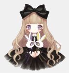  1girl animal_ears bangs black_bow black_dress blunt_bangs blush bow bright_pupils brown_hair bunny_ears dress grey_eyes hair_bow lalala222 long_hair long_sleeves no_nose original simple_background smile solo upper_body white_background white_pupils 