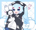  1girl 1other animal animal_ears beamed_eighth_notes black_gloves black_hoodie bunny bunny_ears commentary eighth_note gloves hatsune_miku heart highres holding holding_animal holding_bunny hood hood_up hoodie light_blue_eyes light_blue_hair long_hair looking_at_viewer mozuzu69 multicolored_hair musical_note musical_note_print open_mouth orca rabbit_yukine sharp_teeth smile snowflake_print staff_(music) teeth twintails two-tone_hair upper_body very_long_hair vocaloid whale_costume white_hair yuki_miku 