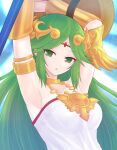  1girl :o armlet armpits arms_up bangs bracer breasts circlet collarbone eyebrows_visible_through_hair eyes_visible_through_hair goddess green_eyes green_hair jewelry kid_icarus long_hair medium_breasts neck_ring necklace open_mouth palutena parted_bangs shield solo staff strapless suta_(clusta) very_long_hair 