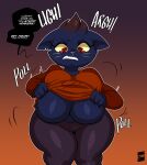  2021 absurd_res anthro big_breasts breasts clenched_teeth clothed clothing digital_media_(artwork) domestic_cat english_text felid feline felis female fully_clothed gradient_background hi_res huge_breasts joaoppereiraus mae_borowski mammal night_in_the_woods notched_ear red_eyes signature simple_background solo teeth text thick_thighs video_games whiskers yellow_sclera 