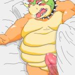  1:1 2007 anthro balls bed bedding blanket blush bowser erection furniture genitals kemono koopa low_res male mario_bros nintendo obese obese_anthro obese_male overweight overweight_anthro overweight_male penis pillow scalie solo teeth unknown_artist video_games 