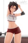  1girl armpits artist_name black_hair breasts cslucaris elbow_pads glasses looking_to_the_side medium_breasts multicolored_hair red_hair ruby_rose rwby short_hair shorts silver_eyes solo stomach stretch sweat thighs 