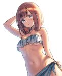  1girl arm_behind_head arm_up bangs bare_arms bare_shoulders bikini blue_bikini blue_eyes blush breasts brown_hair closed_mouth commentary dutch_angle eyebrows_visible_through_hair groin looking_at_viewer medium_breasts midorikawa_you navel original simple_background solo strapless strapless_bikini swimsuit underboob white_background 