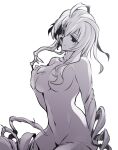  1girl bangs breasts grabbing_own_breast highres ishiyumi large_breasts long_hair looking_at_viewer mimic monochrome monster_girl navel nude original sidelocks smile solo teeth 