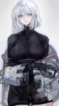  1girl bodysuit breasts collarbone crossed_arms girls_frontline highres large_breasts looking_at_viewer nslacka open_mouth purple_eyes rpk-16_(girls_frontline) short_hair simple_background skin_tight white_background white_hair 