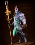 abs anthro anubian_jackal balls biceps big_penis canid canine canis claws clothing deltoids dislyte drew_(dislyte) fingerless_gloves genitals glans gloves handwear hi_res huge_penis hyper hyper_genitalia jackal justgruff lilith_games male mammal muscular muscular_anthro muscular_male nipples obliques paws pecs penis pubes solo vein veiny_penis
