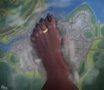 1-bobu 5_toes aerial_view anthro barefoot bone city cityscape claws demon destruction digit_ring feet footprint hi_res imp jewelry macro male micro ring skull smearing soles solo stomping toe_ring toes walking