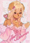  1girl ahoge animal_ears animal_print bell blonde_hair bow breasts brown_eyes brown_fur candy candy_cane candy_cane_hair_ornament christmas cleavage collar commentary dog_ears dog_girl english_commentary food food-themed_hair_ornament fur_trim furry furry_female hair_ornament holding holding_candy holding_food holding_lollipop jingle_bell leopard_print lips lollipop long_hair mcbling merry_christmas misa_(noisykoala) neck_bell noisykoala original pink_bow small_breasts solo sparkle y2k_fashion 