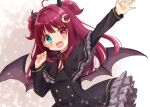  1girl :d ahoge black_capelet black_dress blue_eyes blush brown_wings capelet commentary_request crescent crescent_hair_ornament demon_girl demon_horns demon_wings dress frilled_capelet frilled_dress frills hair_intakes hair_ornament heterochromia highres horns long_hair long_sleeves looking_at_viewer neck_ribbon nijisanji outstretched_arm red_eyes red_hair red_ribbon ribbon rino_cnc smile solo two_side_up very_long_hair virtual_youtuber wings yuzuki_roa yuzuki_roa_(1st_costume) 