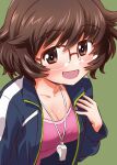  1girl akiyama_yukari bangs bespectacled blue_jacket blush breasts brown-framed_eyewear brown_eyes brown_hair casual cleavage commentary eyebrows_visible_through_hair girls_und_panzer glasses green_background hand_on_own_chest highres inoue_kouji jacket leaning_forward long_sleeves looking_at_viewer medium_hair messy_hair older open_clothes open_jacket open_mouth over-rim_eyewear semi-rimless_eyewear short_hair simple_background smile solo teacher track_jacket whistle whistle_around_neck 