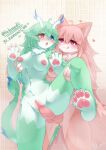absurd_res anthro blue_eyes bodily_fluids breasts butt canid canine canis dragon dragon_horn duo female genital_fluids genitals green_body green_hair gynomorph gynomorph/female hair hand_on_breast heterochromia hi_res horn humanoid intersex intersex/female lalamedli mammal mythological_creature mythological_scalie mythology nipples penetration penile penile_penetration penis penis_in_vagina pink_body pink_hair pink_nipples purple_eyes red_eyes scalie sex_toy shy tail vaginal vaginal_fluids vaginal_penetration vein veiny_penis vulva wolf